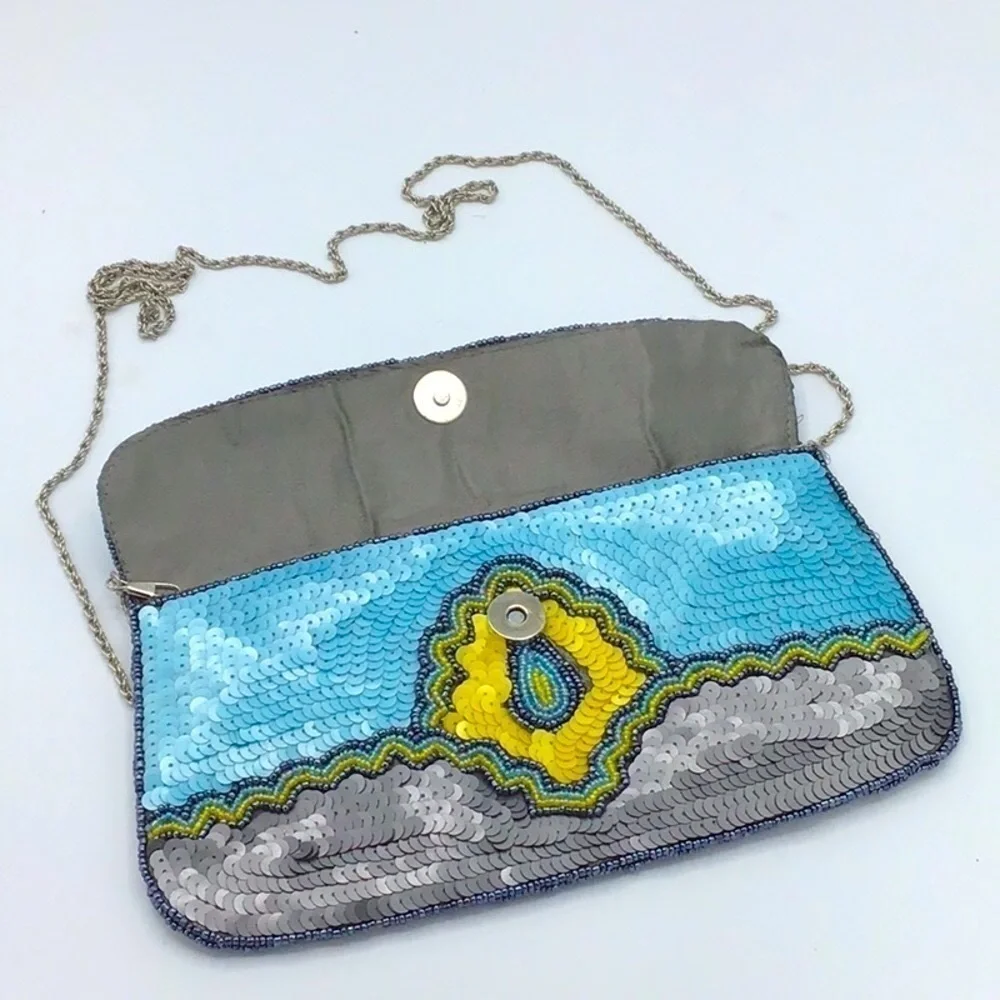 KC MALHAN AQUA BALI SEQUIN BEADED CLUTCH HANDBAG